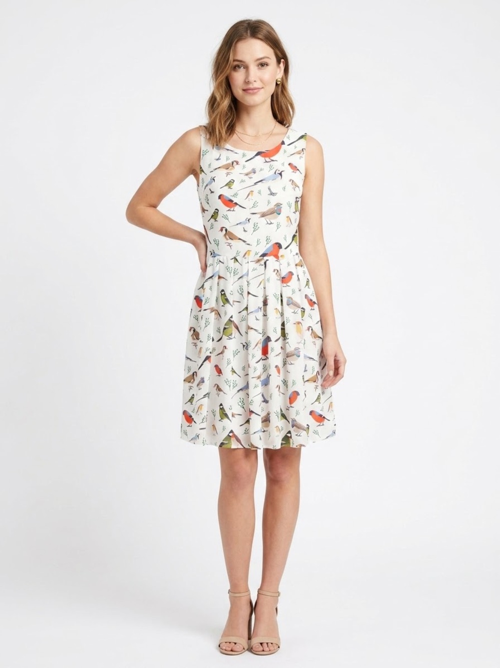 LA SOUL Bird Print Sleeveless Pleated A-Line Fit & Flare Dress Pockets Medium